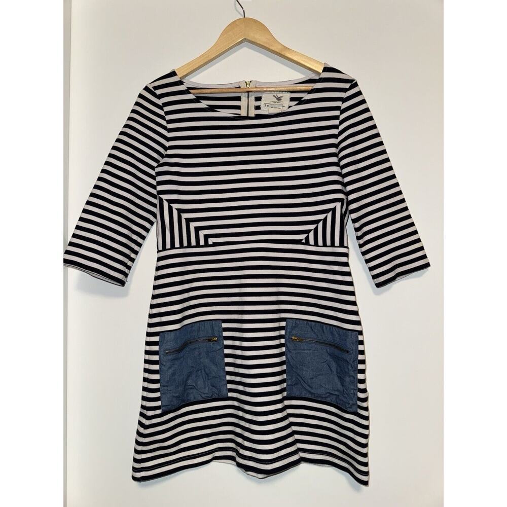 Tabitha Anthropologie Size 8 Marin Striped Sheath Dress Blue White 3/4 Sleeve - Picture 2 of 9